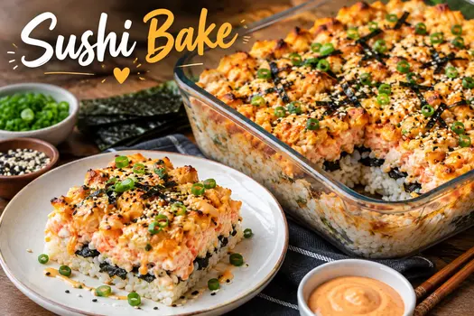 Homemade sushi bake with creamy topping, rice, nori, sesame seeds, and green onions