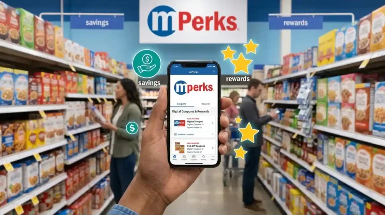 Hand holding a smartphone displaying the mPerks app inside a grocery store aisle with digital coupons, savings icons, and star rewards.