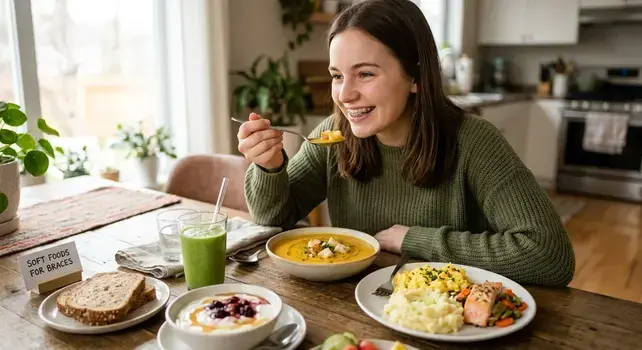 Teenager with braces eating soft foods including pumpkin soup, mashed potatoes, and smoothie