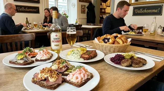 Traditional Danish food spread featuring Smørrebrød open-faced sandwiches, Stegt Flæsk with parsley sauce, Frikadeller meatballs, Wienerbrød pastries, and Akvavit in a cozy Copenhagen restaurant.