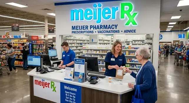 Senior customer receiving prescription medication at a Meijer Pharmacy Rx counter from a pharmacist.