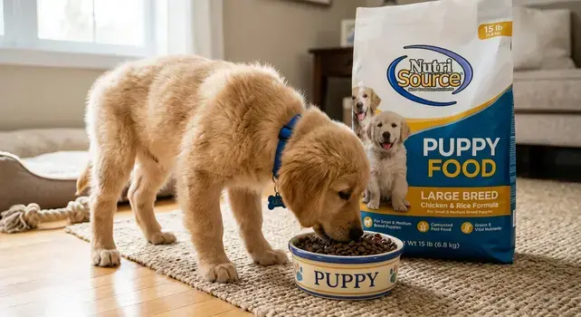 Golden retriever puppy eating kibble next to a NutriSource Puppy Food bag in a bright home.