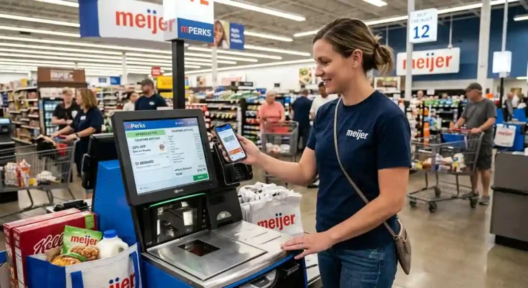A shopper using the Meijer mPerks mobile app at a self-checkout terminal to apply digital coupons and rewards to grocery items.