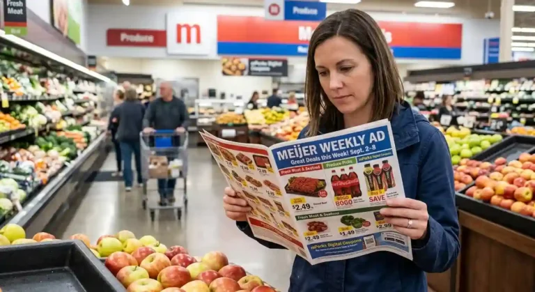 A woman reviewing the Meijer Weekly Ad circular in a supermarket aisle for sports nutrition and grocery deals.