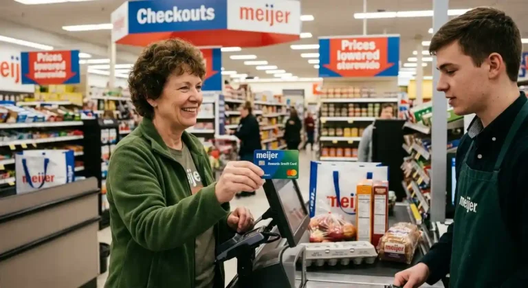 "Customer handing a Meijer credit card to a cashier at a store checkout counter."