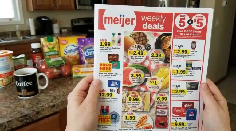 Person holding a Meijer weekly ad flyer featuring grocery sales, discounts, and buy-one-get-one deals on a kitchen counter.
