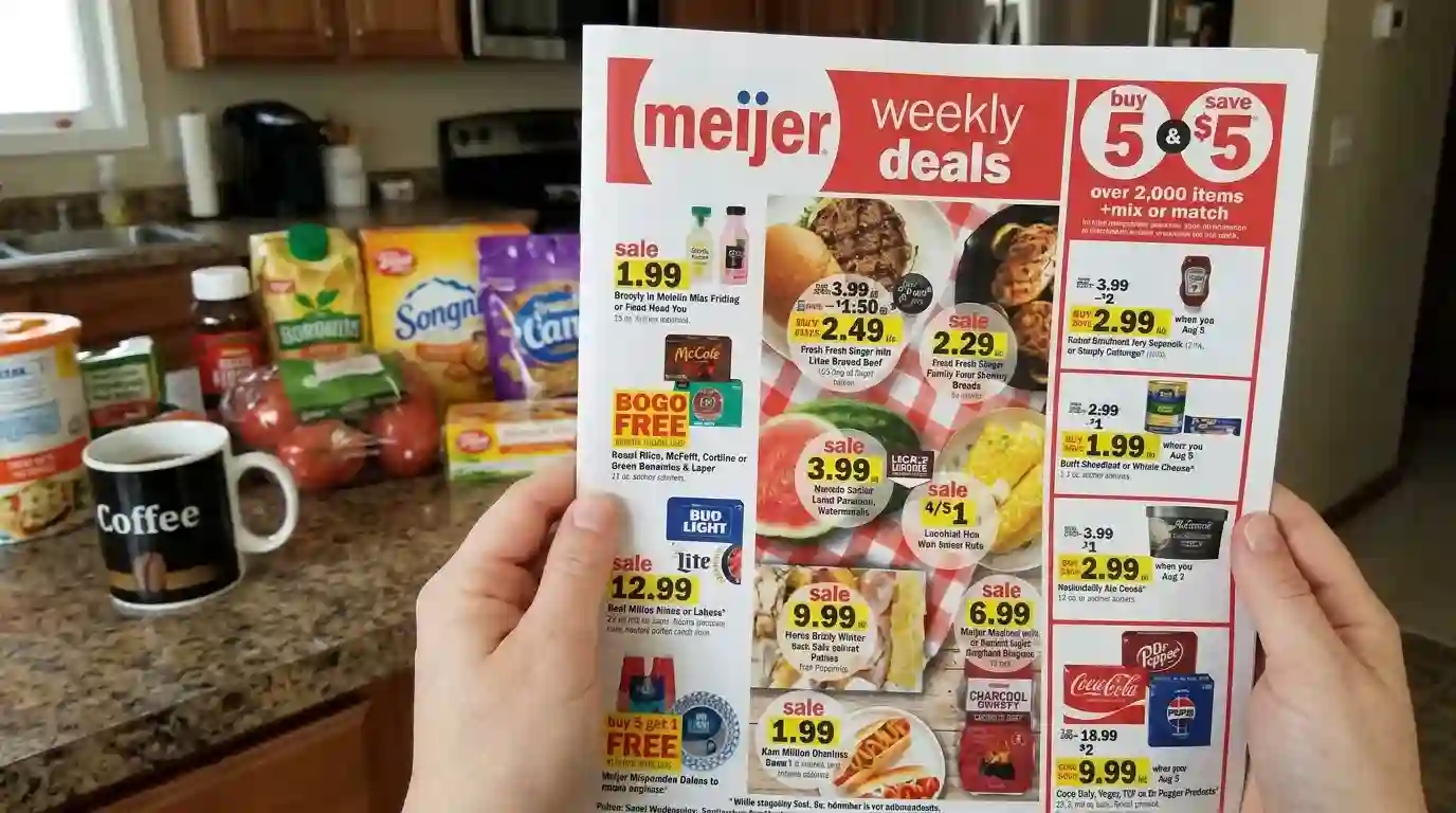 Person holding a Meijer weekly ad flyer featuring grocery sales, discounts, and buy-one-get-one deals on a kitchen counter.