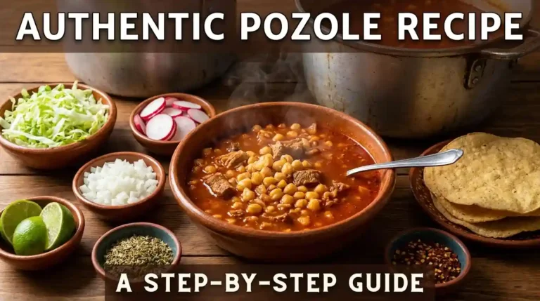 Authentic Pozole Recipe featured banner showcasing a steaming bowl of red Mexican pork soup surrounded by fresh toppings like cabbage, radishes, and limes.