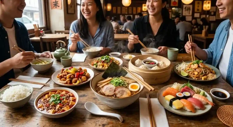 Diverse Asian food spread featuring ramen, sushi platter, dim sum, pad thai, and mapo tofu on a wooden table