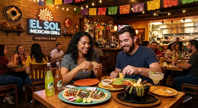 Couple enjoying street tacos, guacamole, and sizzling fajitas at a local Mexican restaurant