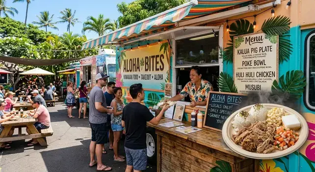 A vibrant Hawaiian food truck serving traditional plate lunch with Kalua pork, macaroni salad, rice, and poke bowl.