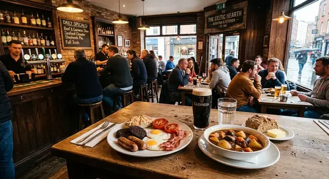 Warm cozy Irish pub interior serving traditional Irish beef stew, full Irish breakfast, and a pint of stout.