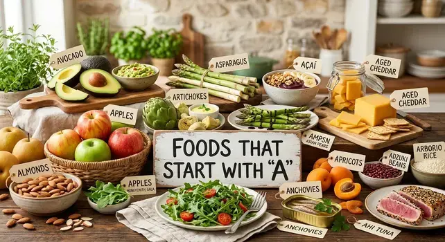 A kitchen counter display of various foods that start with the letter A, including apples, avocados, almonds, asparagus, and ahi tuna with visual labels.