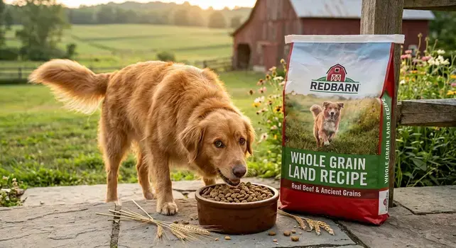 Redbarn Whole Grain Land Recipe dog food bag placed next to a dog eating from a bowl on a rural farm porch