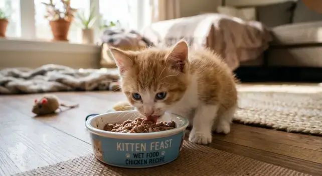 Cute orange and white kitten eating wet chicken recipe kitten food from a small blue bowl on a living room floor.