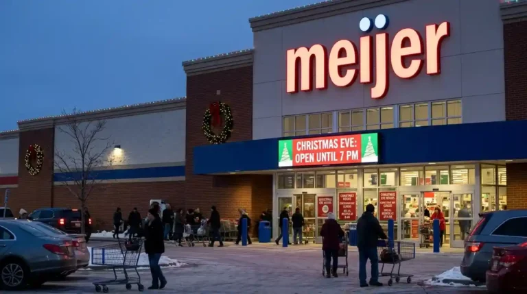Meijer storefront with digital sign showing Christmas Eve store hours open until 7 PM