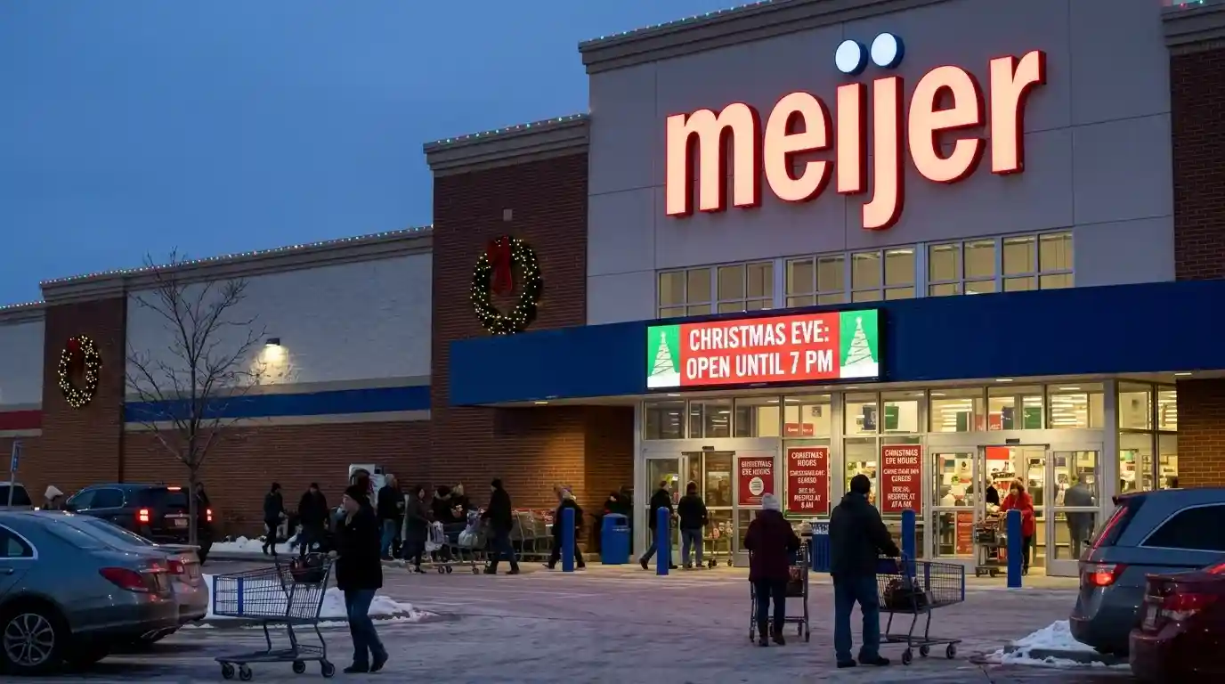 Meijer storefront with digital sign showing Christmas Eve store hours open until 7 PM