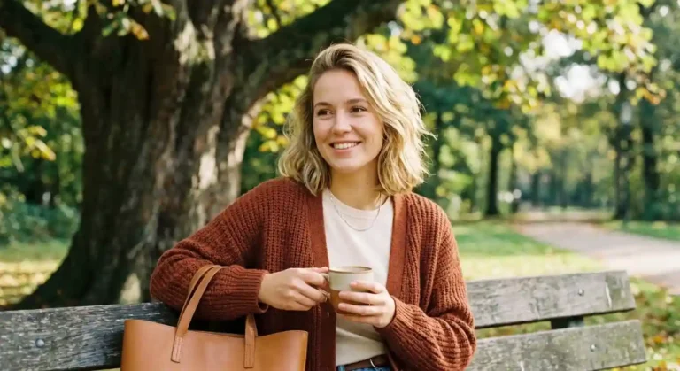 Sterre Meijer sitting on a park bench holding a coffee cup in autumn
