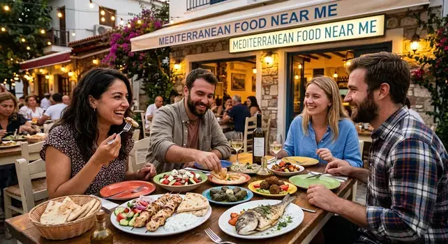 Four friends enjoying authentic Mediterranean food at an outdoor restaurant featuring kebabs, hummus, and Greek salad