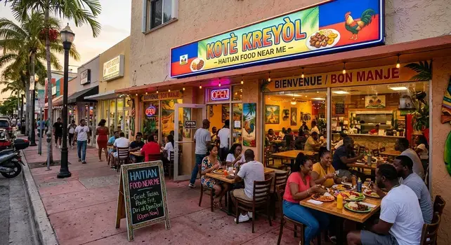 Authentic haitian food near me featuring crispy griot pork with diri kole rice and pikliz slaw