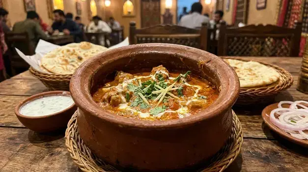 Authentic Pakistani Chicken Handi served in a traditional clay pot with fresh naan and mint raita.