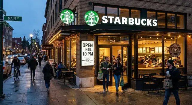 A cozy lighted Starbucks coffee shop storefront at dusk with an open sign showing store hours and people walking outside.