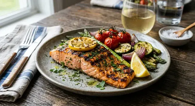A perfectly grilled salmon fillet topped with charred lemon, served with grilled asparagus, tomatoes, and zucchini on a rustic plate.