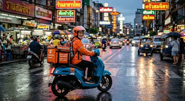 A Thai food delivery driver riding a scooter through a bustling street at dusk.