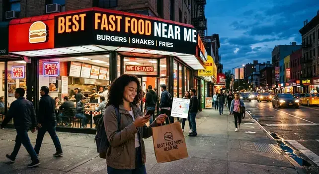 A lively city street at twilight featuring a bright fast-food restaurant with a glowing sign reading "Best Fast Food Near Me", serving burgers, shakes, and fries.