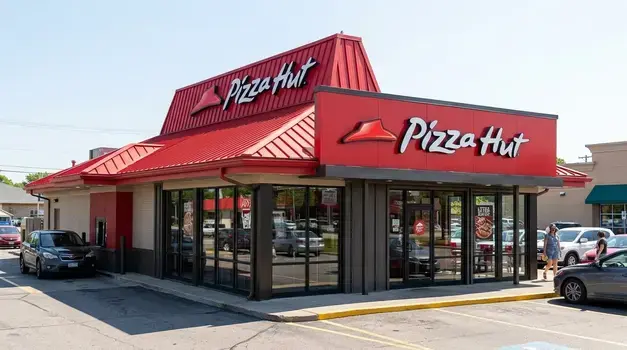 A modern Pizza Hut restaurant building with a iconic red roof logo on a sunny day.