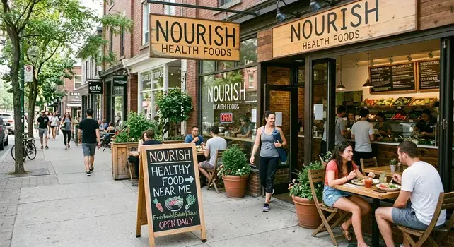 Vibrant outdoor cafe street view with a wooden chalkboard sign reading Healthy Food Near Me, featuring people dining on fresh salads and bowls.