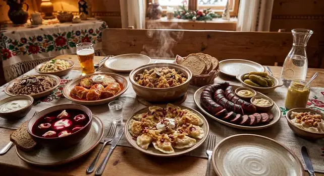 "A rich rustic table spread of authentic Polish food including pierogi, smoked kiełbasa sausage, red borscht soup, bigos hunter's stew, and gołąbki cabbage rolls."