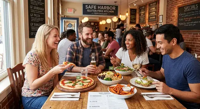 Four friends dining at a local restaurant enjoying gluten-free pizza, avocado toast, and healthy grain bowls