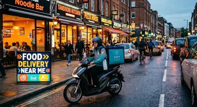 Food delivery rider on a scooter driving past local restaurants with a sign reading Food Delivery Near Me