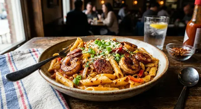 "A bowl of creamy Cajun pasta with blackened shrimp, sliced smoked sausage, red bell peppers, topped with parmesan cheese and fresh green onions."