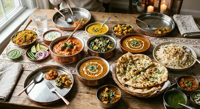 A lavish spread of authentic Indian food dishes including butter chicken, dal makhani, garlic naan, and fragrant basmati rice served on a rustic wooden table.