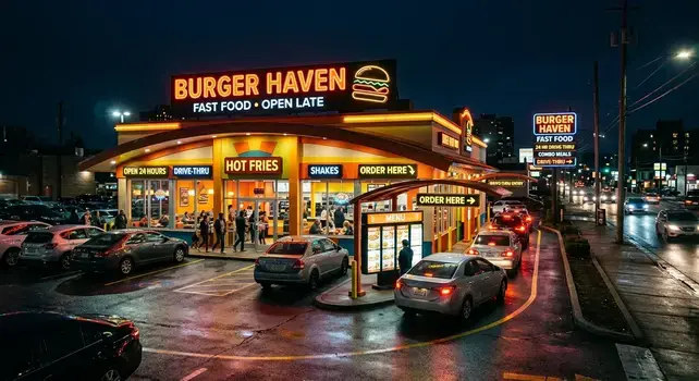 Vibrant fast food restaurant exterior at night with a busy drive-thru line, bright neon signage, and illuminated menu board.