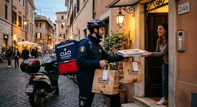 Italian food delivery courier handing pizza and takeout bags to a customer in a historic Rome street.